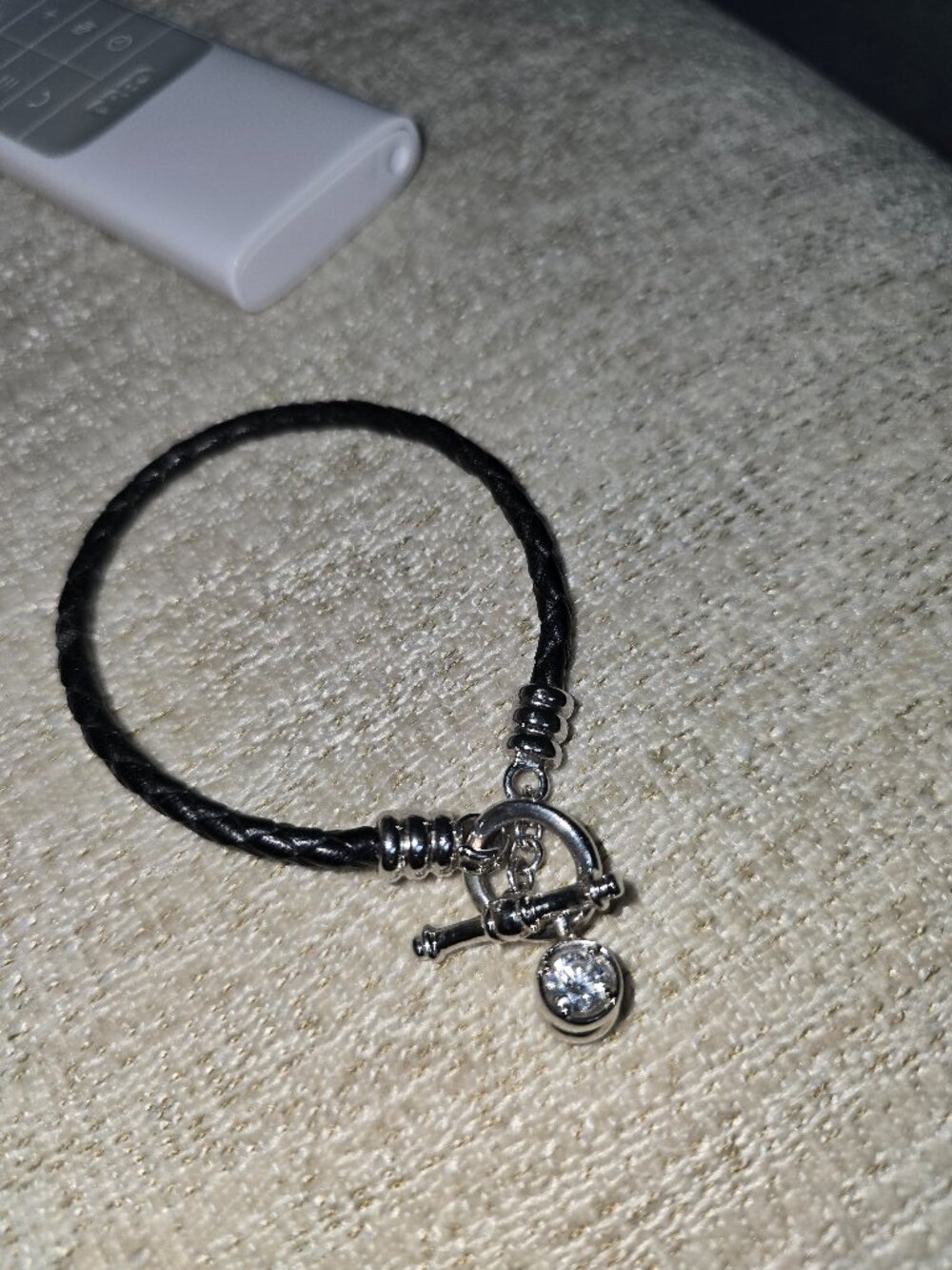 925 sterling Diamonique black leather toggle bracelet (double sided charm)